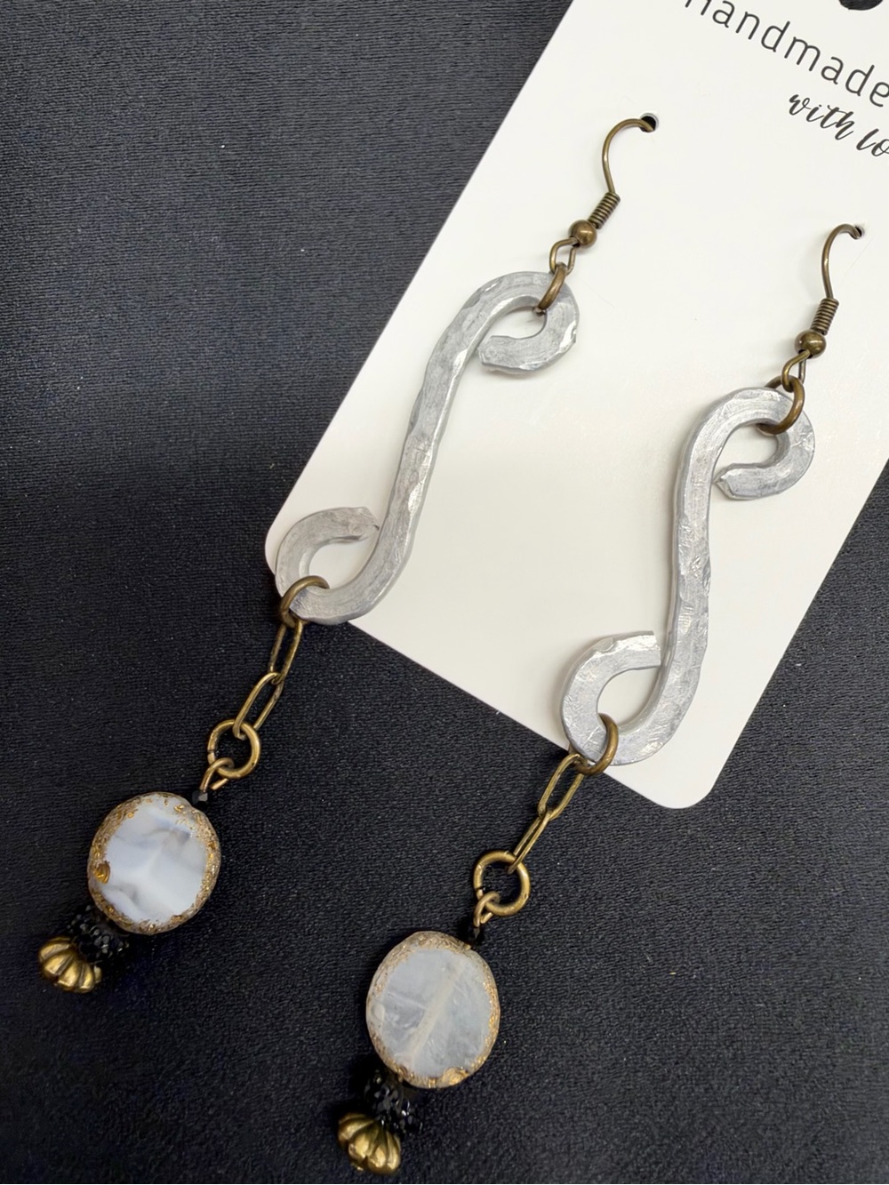 Handmade Handmade Aluminum Gold/ White Dangle Earrings with Antique Gold